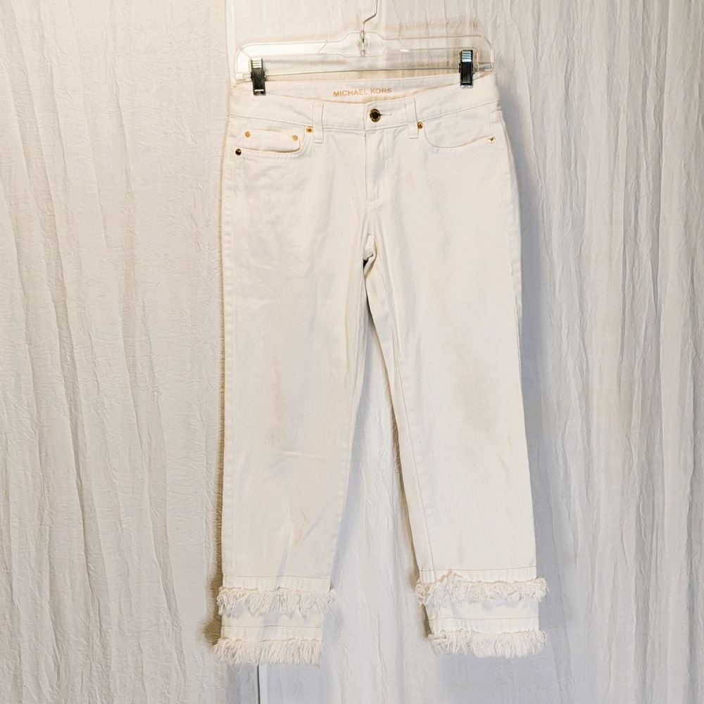 Michael Kors White Cropped Straight-Leg Denim Pants Frayed Raw Edge 0